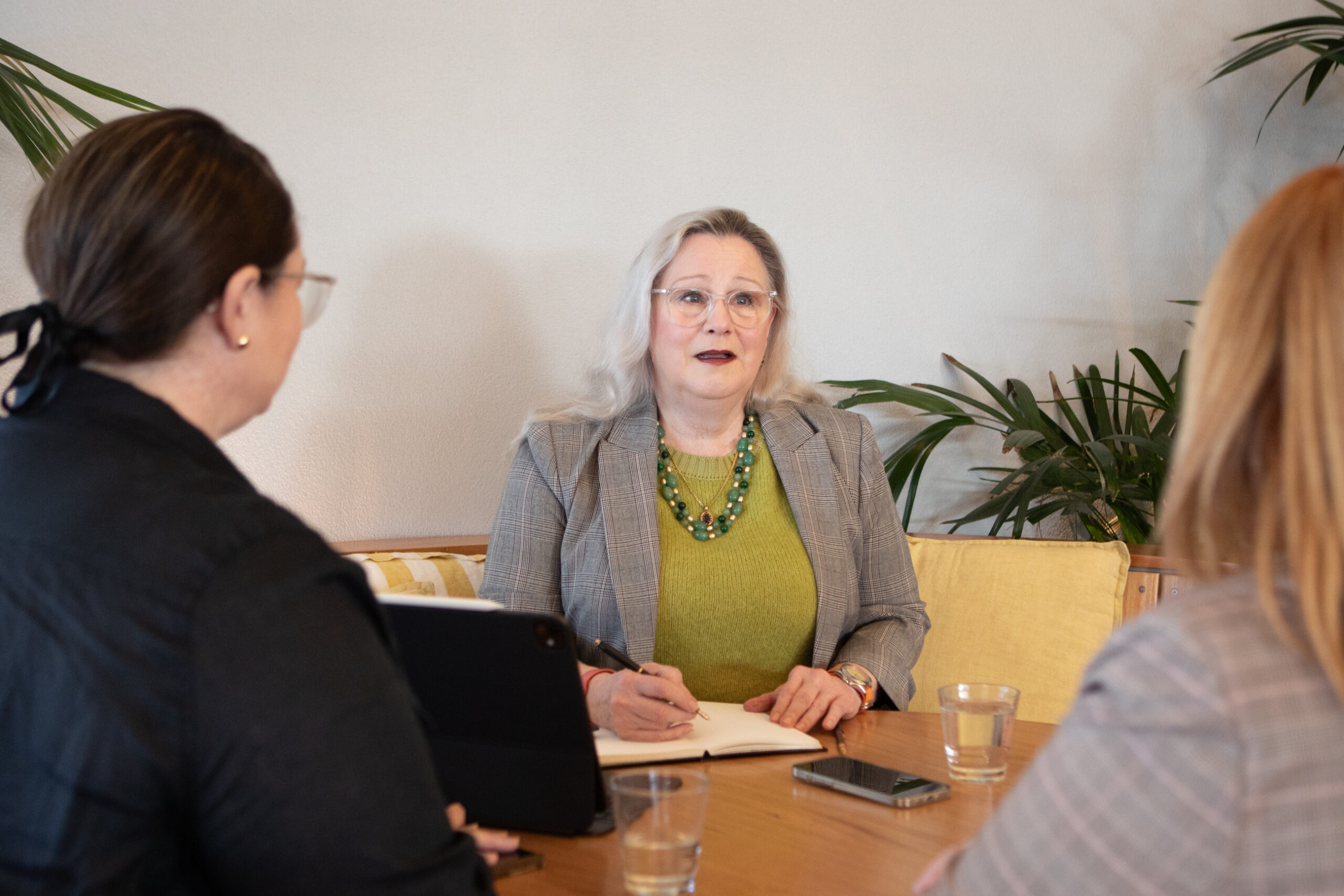 Sue-Ellen Wright conducting a family law discussion with two clients during a family dispute resolution meeting.